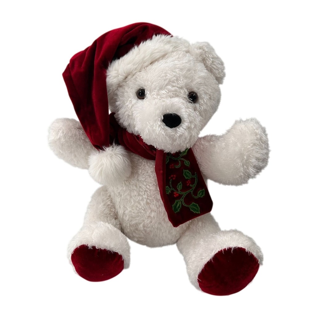 Dan Dee Collectors Choice Christmas Teddy Bear Santa Hat & Scarf 16" White Plush
